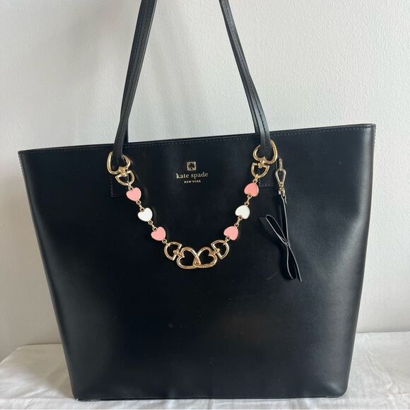 KATE SPADE Black Laptop Work Tote Heart Chain Perfect Cavern Poppy Staci Bag - Picture 4 of 12